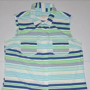 Merona Womens Green Blue White Sleeveless Striped Button Up Blouse Size Large